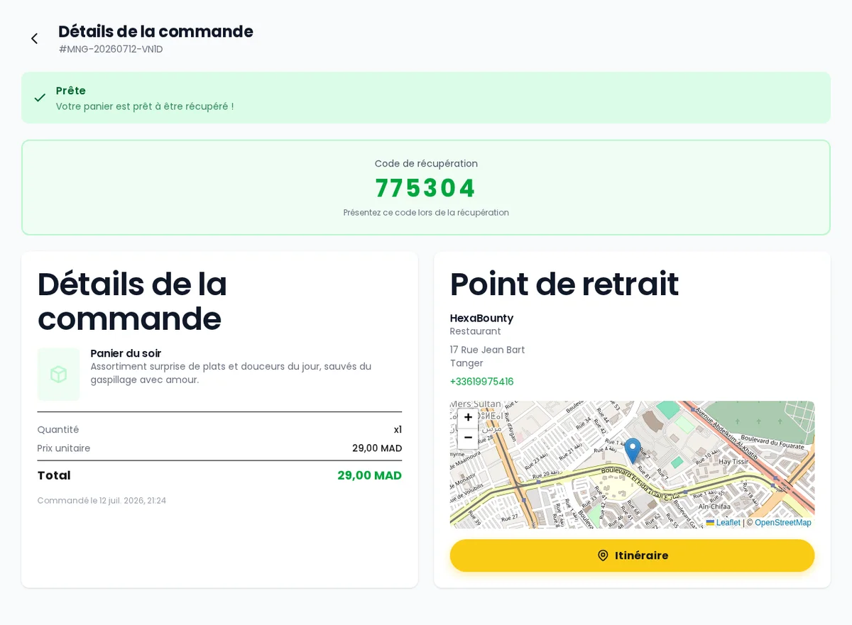 Order page with the 6-digit pickup code and the pickup point map